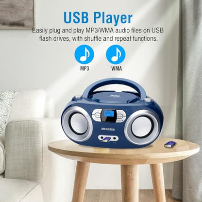 MEGATEK Portable CD Player Boombox with Bluetooth & FM Radio – Blue Jay | USB Playback, Clear Stereo Sound, AUX Input, Headphone Jack, CD-R/RW & MP3-CD Support, LCD Display, AC/Battery Powered - color: Blue Jay