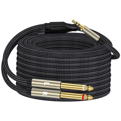 3.5mm 1/8 TRS to Dual 6.35mm 1/4 TS Mono Breakout Cable Y Splitter Stereo Cord Adapter Compatible with iPhone, iPod, Computer Sound Card, CD Player, Multimedia Speaker, Home Stereo System-26FT - size: 26FT