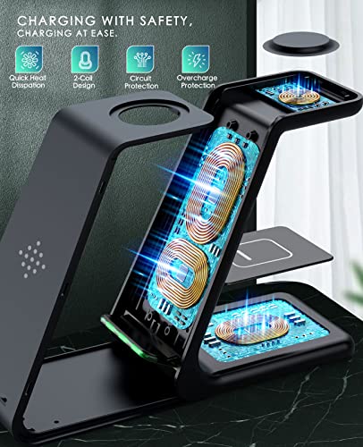 3 in 1 Wireless Charging Station, 2026 Upgraded Fast Desk Charger Station for iPhone 17 16 15 14 13 12 Pro Max Plus, Charger Stand for Apple Watch 10 9 8 7 6 5 4 3 2 SE, Airpods 4 3 2 Pro(Black) - color: B-Black