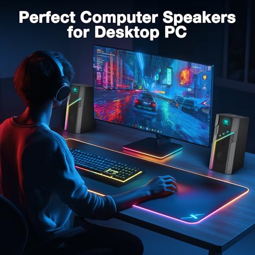 W-206RE RGB Bluetooth PC Speakers, Desktop Gaming Speakers with 21 LED Light Modes, USB Powered Stereo Computer Speakers for Monitor, Laptop and Gaming Setup