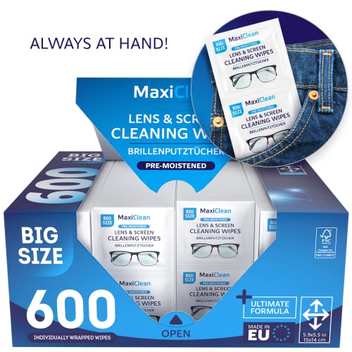 Glasses Wipes Lens Cleaner - Lens Wipes for Eyeglasses - 600 Pre-moistened Individually Wrapped Wipes for Eye Glasses, Electronics, Phone, Computer, Laptop Screen - Camera Lens Cleaner - Made in EU - size: 600 Count (Pack of 1)