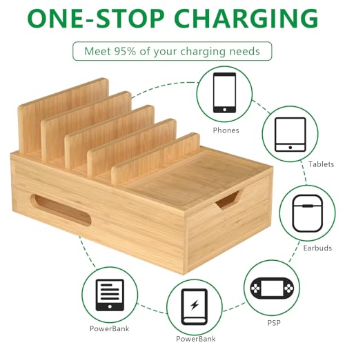 Bamboo Charging Station for Multiple Devices, Desktop Charger Organizer with Tray& Drawer, Wooden Docking Station for Smart Devices, Cell Phone, Tablet,Watch (Include 6 Cables, 5 Port USB Charger)