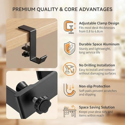 Black Desk Mount Purse Hook | Portabl Adjustable Clamp-On Backpack Hanger Table Bag Holder ,for Handbags Headphones(Single Hook) - color: Black Single Hook