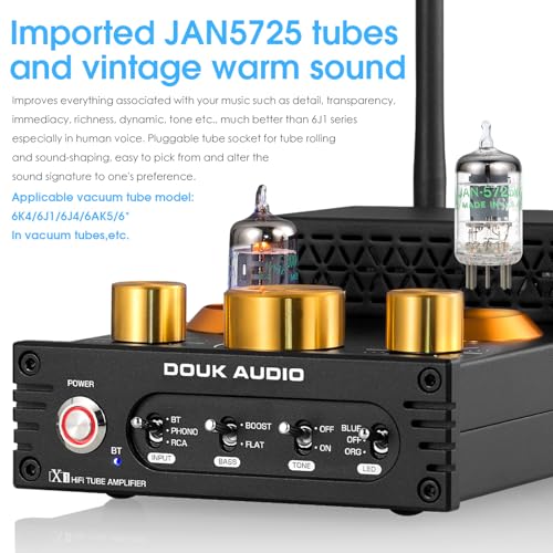 Douk Audio Tube Phono Amp: Bluetooth Receiver | 2-Channel Amplifier for MM Turntables | 160W×2 TDA7498E | Tone Control | for Desktop Vinyl HiFi Home Audio System (X1)