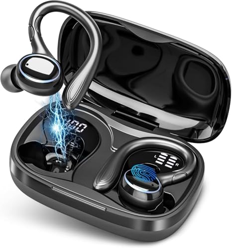 Wireless Earbuds Bluetooth 5.3 Headphones Stereo Ear Buds, ENC Noise Cancelling Mic,IPX7 Waterproof Earphones with Hook for Android iOS Smart Phone Laptop Computer Sports - Black