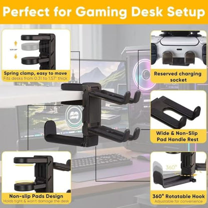 Foldable Headphone Stand and Hook – Aluminum Headset Holder Clamp Mount Under Desk, Universal Fit for Gaming Headphones, Space-Saving Hanger Organizer