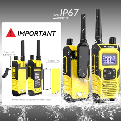 T4 FRS Two Way Radio Earpiece with Mic, Walkie Talkie Long Range for Adults, IP67 Waterproof Walkie Talkies, 22 Channel, NOAA Wheather Alert, PTT, VOX, Yellow, 4Pack