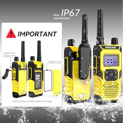 T4 FRS Two Way Radio Earpiece with Mic, Walkie Talkie Long Range for Adults, IP67 Waterproof Walkie Talkies, 22 Channel, NOAA Wheather Alert, PTT, VOX, Yellow, 4Pack