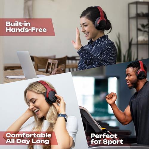 PowerLocus Bluetooth Headphones Over Ear, 60H Playtime, 4 EQ Modes Wireless Headphones with Microphone, Hi-Fi Stereo Deep Bass Foldable Headphone, Soft Foam Ear Cups,Fast Charging for Travel/PC/Phones - color: Grey/Red
