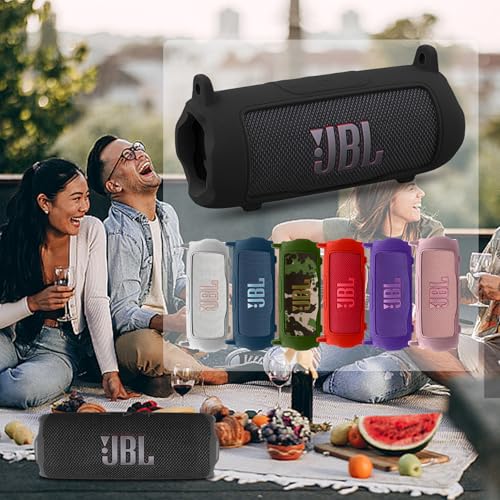 khanka Silicone Case for JBL Flip 7 Waterproof Bluetooth Speaker,Black | Soft Protective Sleeve Cover with Shoulder Strap for JBL Flip 7 Portable Bluetooth Speaker - color: Black