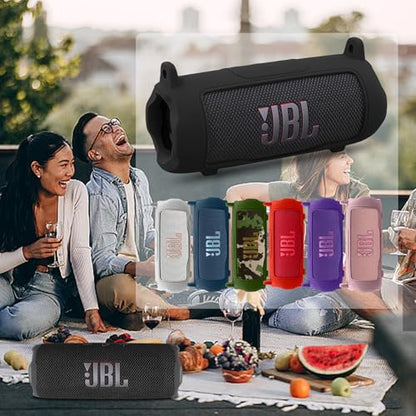 khanka Silicone Case for JBL Flip 7 Waterproof Bluetooth Speaker,Black | Soft Protective Sleeve Cover with Shoulder Strap for JBL Flip 7 Portable Bluetooth Speaker - color: Black