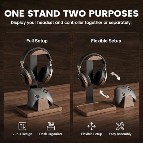 Headphone Stand with Gaming Controller Holder, Solid Walnut Wood Headset Holder Non-Slip Storage Tray Base Gaming Desk Accessories for Room Decor Gift For Gamers