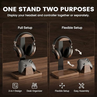 Headphone Stand with Gaming Controller Holder, Solid Walnut Wood Headset Holder Non-Slip Storage Tray Base Gaming Desk Accessories for Room Decor Gift For Gamers