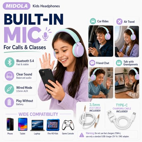 Kids Bluetooth Headphones Wireless 68 Hours,Safe Volume Limit 85/94dB | Adjustable Headband Foldable Over-Ear Lightweight for Toddler Girls Boys Tablet/iPad,HD Stereo,Built-in Mic,Light Purple - color: Light Purple