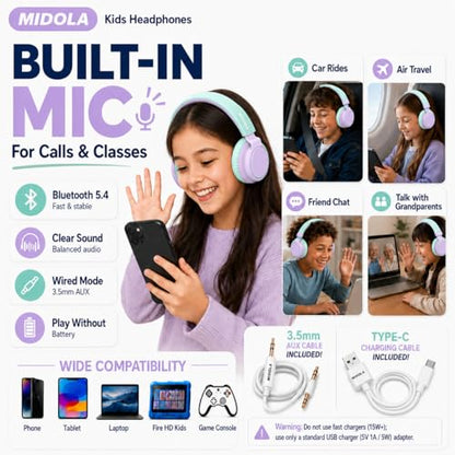 Kids Bluetooth Headphones Wireless 68 Hours,Safe Volume Limit 85/94dB | Adjustable Headband Foldable Over-Ear Lightweight for Toddler Girls Boys Tablet/iPad,HD Stereo,Built-in Mic,Light Purple - color: Light Purple