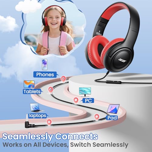 Acer Kids Headphones for School, 85-94dB Limiter, 3.5mm Jack, w/Mic HK03 | Foldable Wired Over Ear Headphones, for Toddler School/Tablet/iPad/PC/Travel, Black-Red - color: Black Red