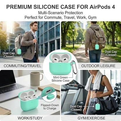 for Airpods 4th Case Cover, Come with Cleaner Kit,Soft Skin Silicone Case Cover with Keychain, Front LED Visibl, Full Protective Case，Compatible with AirPods 4th(Mint Green) - color: B3-Mint Green
