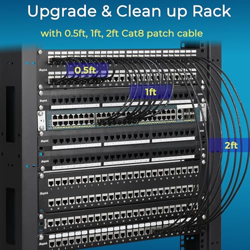 Rapink Patch Cables Cat8 1ft 24 Pack Slim, Cat8 Ethernet Patch Cable 40G Support, Snagless Cat 8 Patch Cable for Patch Panel to Switch, Flexiable Cat 8 Ethernet Cable Datacenter with Gold Plated - size: 1ft, style: 24 Pack