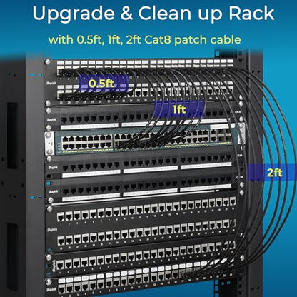 Rapink Patch Cables Cat8 1ft 24 Pack Slim, Cat8 Ethernet Patch Cable 40G Support, Snagless Cat 8 Patch Cable for Patch Panel to Switch, Flexiable Cat 8 Ethernet Cable Datacenter with Gold Plated - size: 1ft, style: 24 Pack
