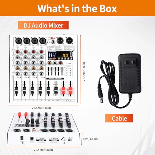 Professional 4-Channel DJ Audio Mixer with Bluetooth, 5-Band EQ, 99 DSP Effects, USB Audio Interface, +48V Phantom Power for Live Streaming, Podcasting, Karaoke, Home Studio Recording
