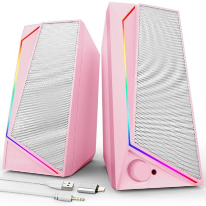 LENRUE Computer Speakers, USB/USB-C Powered AUX Audio for PC Speakers with Loud Stereo Sound, Headphone-in, Touch Lights for Desktop, Computer, Laptop, Desk（USB-C to USB Adapter Included - color: Pink