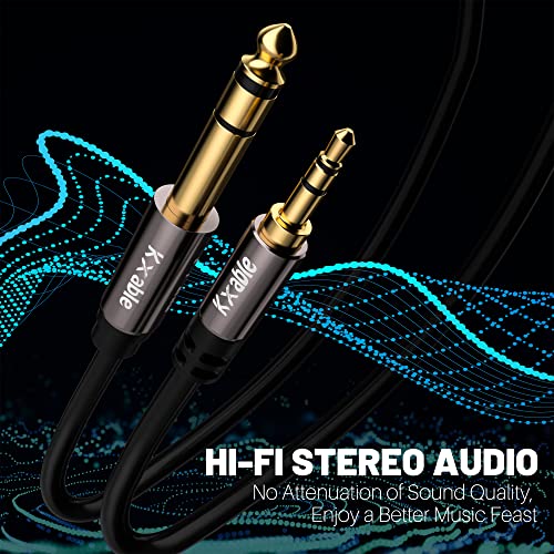 Kxable 3.5mm to 6.35mm Stereo Audio Cable 15 Feet, 1/4 to 1/8 inch Headphone Cable Jack, Hi-Fi Sound, Gold Plated Connectors, OFC Core, Black Cable (with 5 pcs Cable Ties) - size: 15 Feet