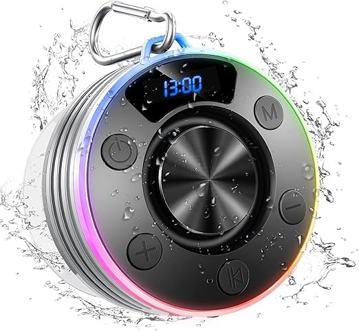 Shower Bluetooth Speaker, IPX7 Waterproof Portable Bluetooth 5.4 Speakers with Suction Cup, Hook, Digital Time Display, RGB Light, Built-in Mic for Bathroom Party Beach Outdoor Gifts - color: Grey