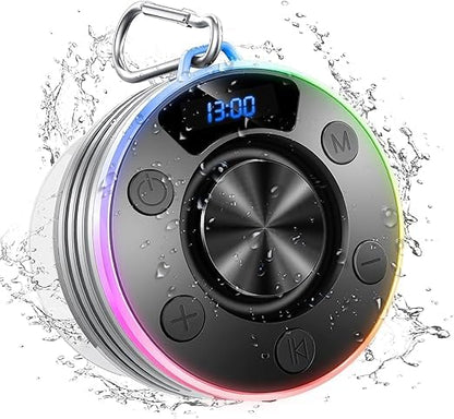 Shower Bluetooth Speaker, IPX7 Waterproof Portable Bluetooth 5.4 Speakers with Suction Cup, Hook, Digital Time Display, RGB Light, Built-in Mic for Bathroom Party Beach Outdoor Gifts - color: Grey