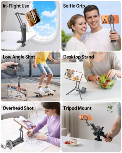 OMOTON TP02-Pro Magnetic Phone Holder, 5-in-1 Tripod Stand with Rear Attachment Plate | Desk, Kitchen, Gym, Vlogging | iPhone 12-17 Series, Grey - color: 3-Grey