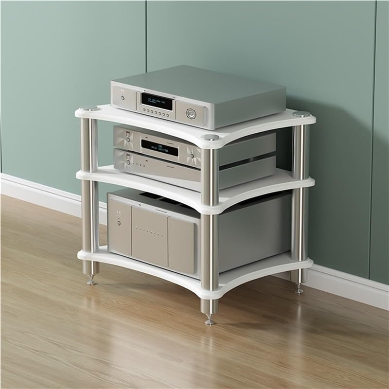 Modern HiFi Audio Rack, Stainless Steel Media Stand W/Feet，1/2/3/4 Layer Stereo Components Cabinet ，Heavy Duty Audio Component Rack，Black/White/Wood/Teak(White,H-62cm/24.4in) - color: White, size: H-62cm/24.4in