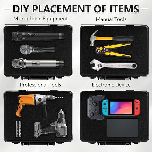 14 Inch Carrying Case with Customizable Pre-Diced Foam | Aluminum Case, Aluminum Alloy Sturdy Build, Storage Case for Microphone, Equipment, Camera, Tools, Recorder, etc - size: 14.1x10x5.9 Inch
