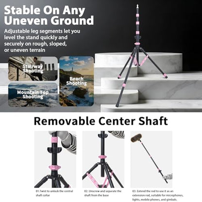 Photography Light Stand, 6.5ft Adjustable Reverse Folding Tripod Stand | Portable Aluminum Light Stand with Carrying Bag & Sandbag, for Softbox, Speedlite, Flash, LED Lights and Camera, Pink - color: Pink