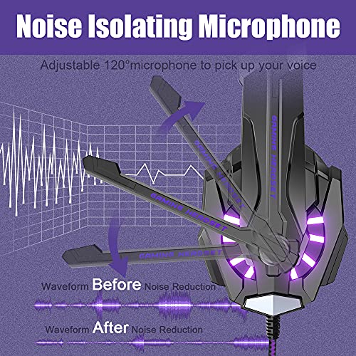 BENGOO G9000 Stereo Gaming Headset for PS5, PS4, PC, Xbox One Controller, Noise Cancelling Over Ear Headphones with Mic, LED Light, Bass Surround, Soft Memory Earmuffs - Purple - color: Purple