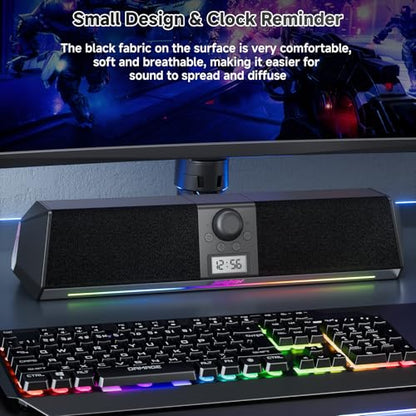 SOULION Bluetooth Computer Speakers USB Plug & Play with Clock & LED | Digital Clock Display, Bottom Mirror Lighting, LED Rainbow Lights & 5 Kinds of Modes, USB/Bluetooth/AUX Mode, Powerful Sound