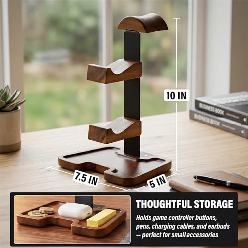 Gaming Equipment Headset Stand with Dual Controller Organizer Rack & Storage Base, Headphone Stand Gamer Gifts for Men Teenage Boy, Unique Gifts for Gamers to Organize Gaming Accessories (Brown Wood)