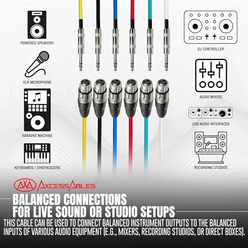 AxcessAbles XLR 암 - 0.6cm(1/4인치) TRS 밸런스 4.6m(15피트) 스피커 컬러 케이블 팩 | 밸런스 스피커, 마이크 스네이크 코드 (4.6m(15피트) - 6팩) - size: 15ft, style: XLR 암 - 1/4 TRS
