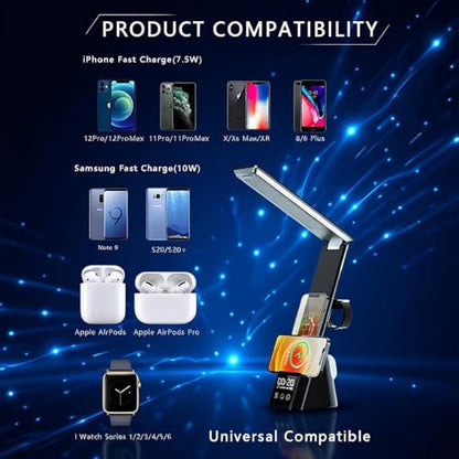AYI Multi-Functional Wireless Charging Lamp with LED Display, Alarm Clock, 3 Color Light Modes, Foldable & Portable, 15W Fast Wireless Charger Stand for Smartphones, Smartwatches, Earbuds, N61 Black. - color: Wireless charger Table lamp N61 Black