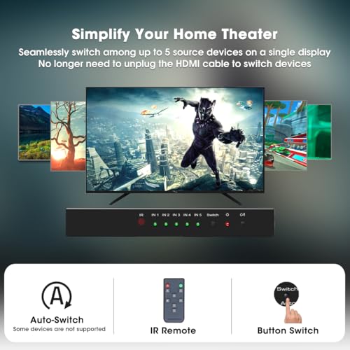 ROOFULL 5 Port 4K HDMI 2.0 Switch with Remote | 5 In 1 Out 4K@60Hz HDMI 2.0 Switcher Selector, Automatic Switching, Dolby Vision/Atmos, HDR 10, HDCP 2.2, 18Gbps - color: Black