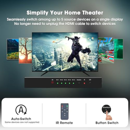 ROOFULL 5 Port 4K HDMI 2.0 Switch with Remote | 5 In 1 Out 4K@60Hz HDMI 2.0 Switcher Selector, Automatic Switching, Dolby Vision/Atmos, HDR 10, HDCP 2.2, 18Gbps - color: Black