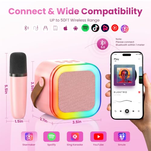 Mini Karaoke Machine, Portable Bluetooth Speaker & 2 Wireless Microphones | Karaoke Player Karaoke Microphone For Family Home Party Outdoor With HI-FI Sound | 5 Magic Sound | PA System | USB | TF | AUX - color: Pink