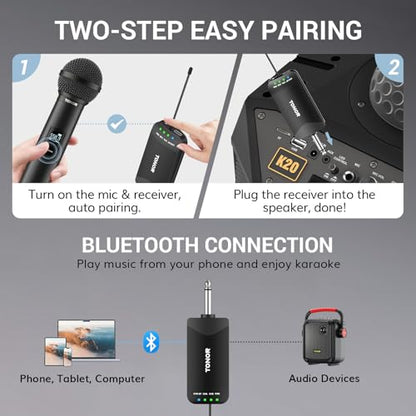 TONOR Rechargeable Wireless Microphones, Metal Bluetooth Handheld Cordless Mic System with Receiver, 2x25 UHF Professional Dynamic Mic for Karaoke, Church, Singing, Wedding, Meeting, DJ, 328ft TW720 - style: Plug-in Receiver