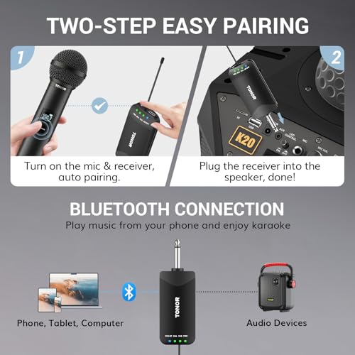 TONOR Rechargeable Wireless Microphones, Metal Bluetooth Handheld Cordless Mic System with Receiver, 2x25 UHF Professional Dynamic Mic for Karaoke, Church, Singing, Wedding, Meeting, DJ, 328ft TW720 - style: Plug-in Receiver