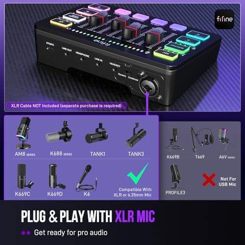 FIFINE Gaming Audio Mixer, Streaming RGB PC Mixer with XLR Microphone Interface, Individual Control, Volume Fader, Mute Button, 48V Phantom Power, for Podcast/Recording/Vocal/Game Voice-AmpliGame SC3 | USB PnP For PC,Mute Button,XLR Preamp,RGB,Voice chang