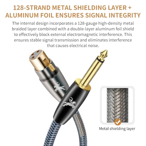 1/4" TS to XLR Female Cable 3M/9.8ft - 24K Gold Plated, OCC Copper, Braided Jacket - Unbalanced Instrument Cable for Guitar/Bass to Mixer/Audio Interface - color: 6.35MM to XLR Female, size: 9.8FT/3m