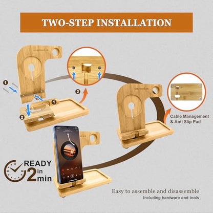 4 in 1 Bamboo Nightstand Organizer, Wood Phone Docking Station, Phone Charger Stand for iPhone 12-18 Series & Android, Desktop Organizer for iWatch & Airpods, Gifts for Men, Dad, Anniversary