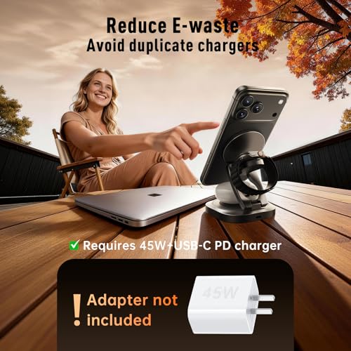 3-in-1 Foldable Qi2.2 25W Magnetic Wireless Charger Stand for iPhone Grey | 360° Rotatable Charging Station for Airpods & Apple Phone Watch Earbuds for Travel Desk Home [With Cable Only] - color: Grey