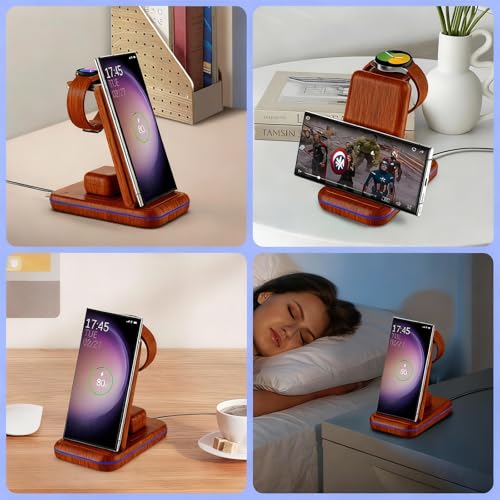 Wireless Charging Station for Samsung/Android, Fast Wireless Watch Charger Station Compatible for Samsung Galaxy S26 Ultra/S25/S24+/Z Flip 7/6 Fold 7/6, Watch8/7/Pro/Active 2 Galaxy Buds3/2 Pro(Wood) - color: Wood