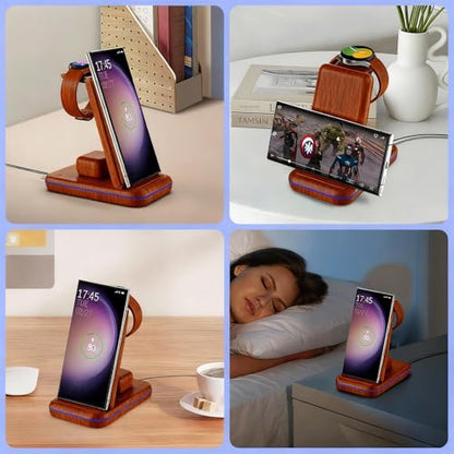 Wireless Charging Station for Samsung/Android, Fast Wireless Watch Charger Station Compatible for Samsung Galaxy S26 Ultra/S25/S24+/Z Flip 7/6 Fold 7/6, Watch8/7/Pro/Active 2 Galaxy Buds3/2 Pro(Wood) - color: Wood