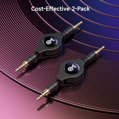Cable Matters 2-Pack Gold-Plated Retractable Aux Cable, 2.5ft | 3.5mm Auxiliary Cable, 3.5mm Male-to-Male, Travel Reel, Gold-Plated Connectors