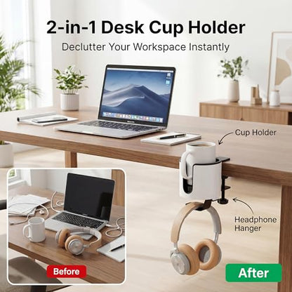 GUNKING Luxury 2-in-1 Anti-Spill Cup Holder with Under Desk Headphone Hanger (White) - color: WHITE